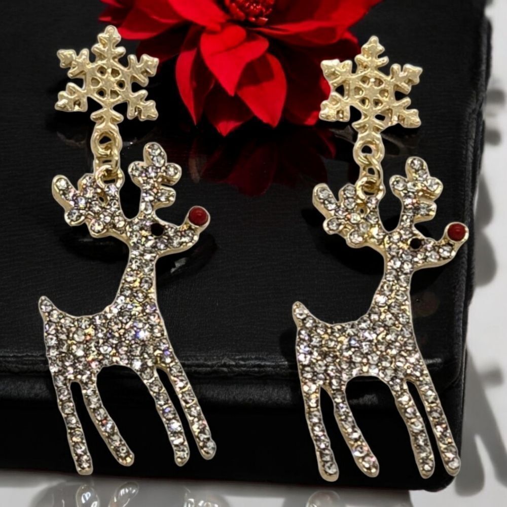 Holiday Earrings🎄Rudolph Reindeer Rhinestone Festive Christmas Jewelry Deer